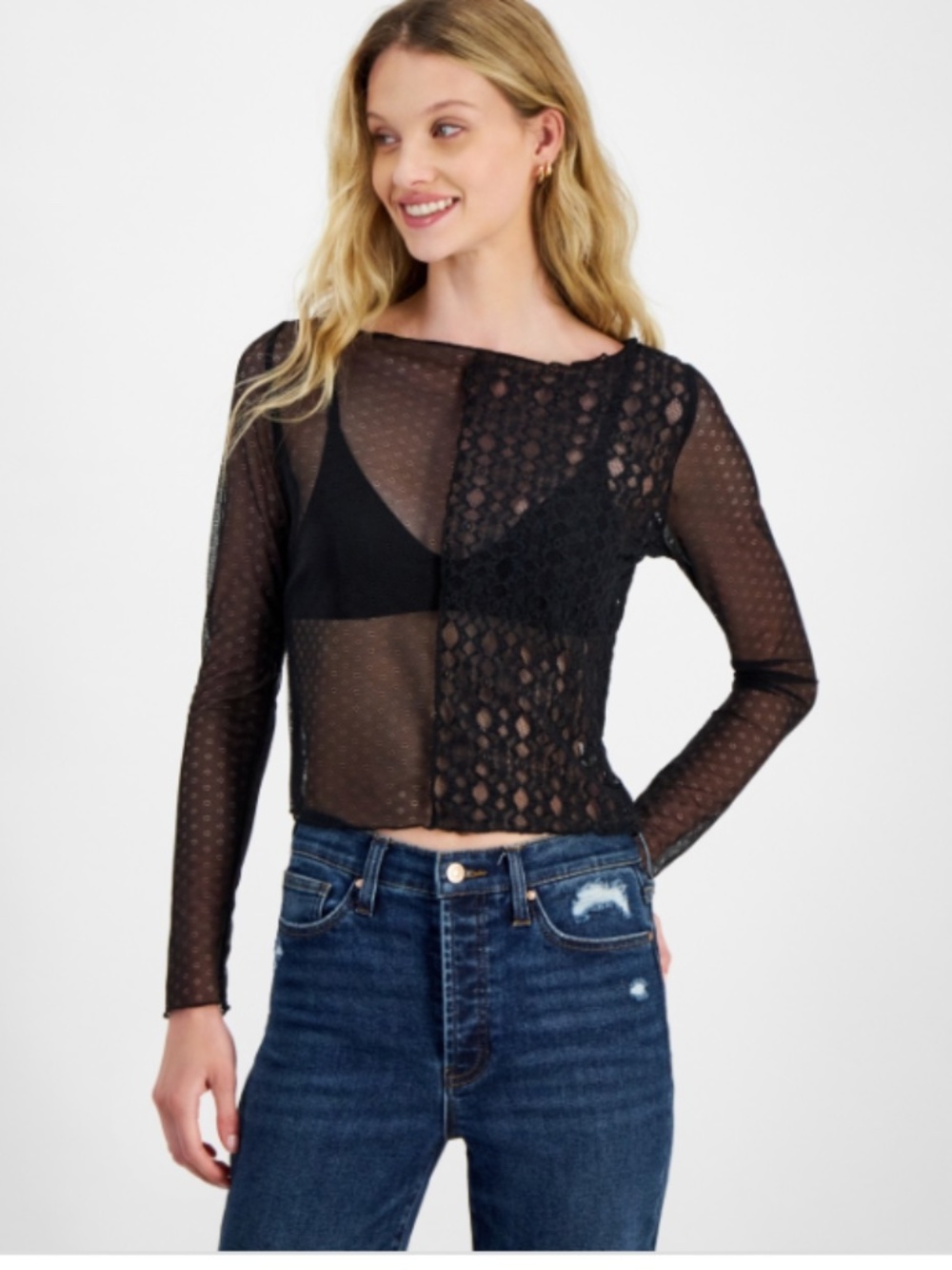Self Esteem Juniors' Boat-Neck Long-Sleeve Mesh Top - Black SIZE M NWT